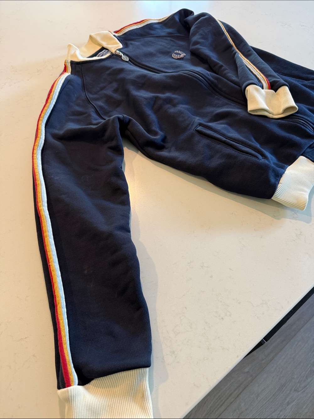 Fred Perry Vintage Navy Mens Zip Track Jacket with Rainbow Sleeve Stripes-M - Picture 3 of 6